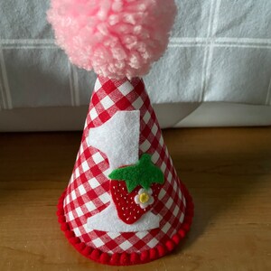 Strawberry Party Hat, Sweet ONE Birthday, 1st Birthday hat, Strawberry gingham hat, strawberry party decor, girl Birthday hat image 2