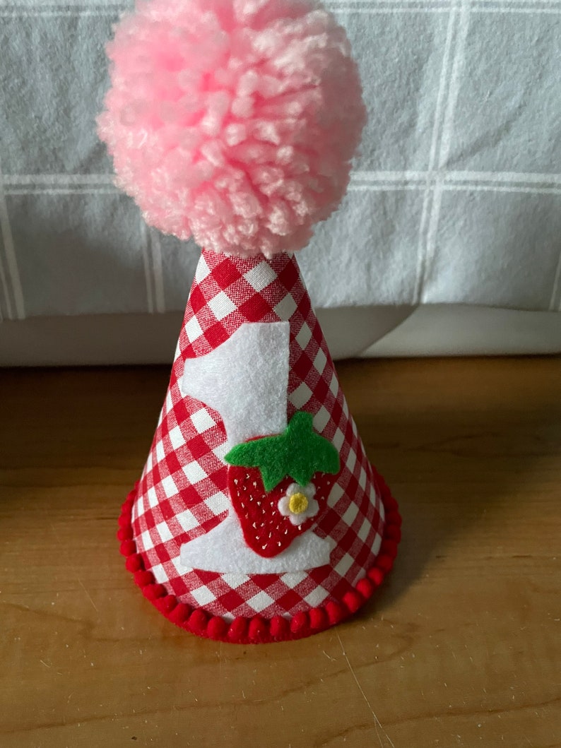 Strawberry Party Hat, Sweet ONE Birthday, 1st Birthday hat, Strawberry gingham hat, strawberry party decor, girl Birthday hat image 2