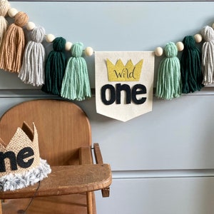 Wild One 1st Birthday Decoration Set - High Chair Banner, Hat, Cake Topper, Wood Bead Garland, Green - View #6