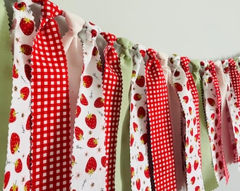 Strawberry Fabric Garland – Red Gingham, Sage, Blush Party Decor