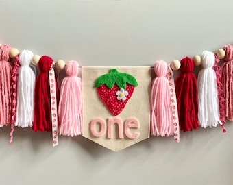 Berry Sweet ONE 1st Birthday, Strawberry Birthday party, highchair banner, yarn tassel Birthday banner, red strawberry, gift for her