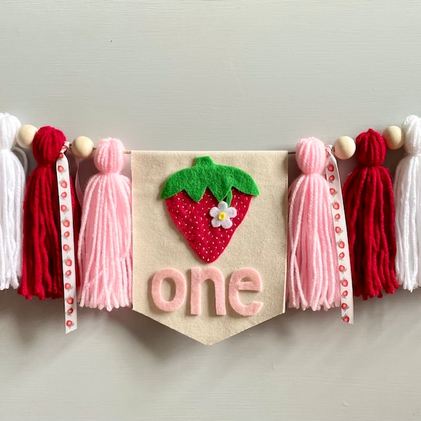 Berry Sweet ONE 1st Birthday, Strawberry Birthday party, highchair banner, yarn tassel Birthday banner, red strawberry, gift for her