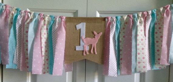 Woodland Animal Theme 1st Birthday Deer Birthday Banner Highchair