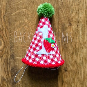 Strawberry Party Hat, Sweet ONE Birthday, 1st Birthday hat, Strawberry gingham hat, strawberry party decor, girl Birthday hat image 3