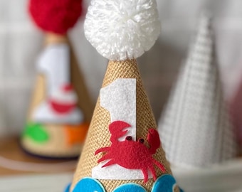 Birthday Party Hat: Burlap, Aqua Waves, White Pom Pom, crab 1st Birthday hat