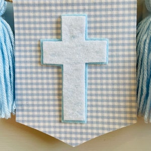 Baptism Tassel Garland, boy Christening highchair banner, Blue Gingham Highchair banner, Cross Baptism banner, Baby Dedication decoration image 4