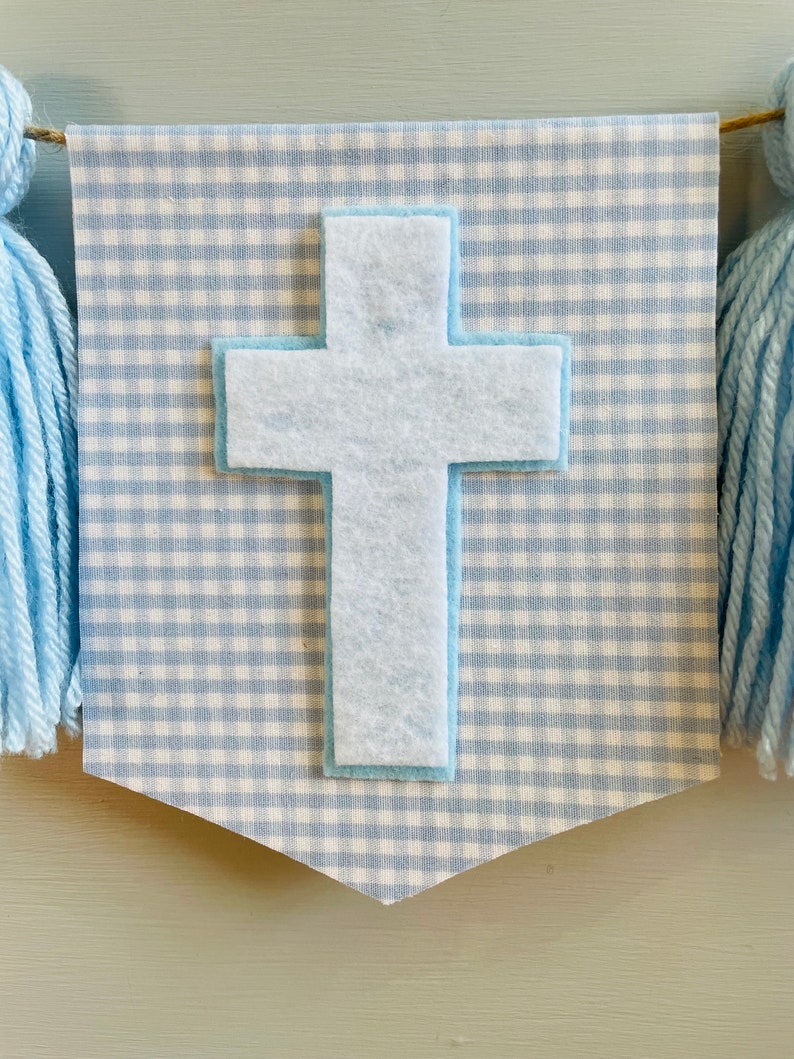 Baptism Tassel Garland, boy Christening highchair banner, Blue Gingham Highchair banner, Cross Baptism banner, Baby Dedication decoration image 4