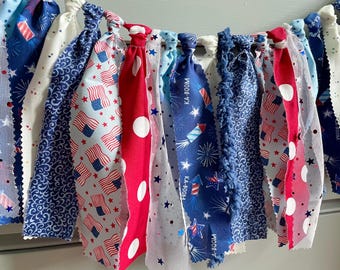 Red White Blue Fabric Garland, Patriotic Farmhouse Decor, Americana Banner