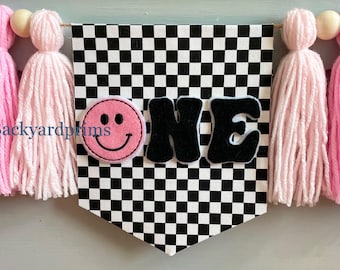 One Happy Girl, 1st Birthday Highchair Banner, pink groovy one, smiley face party Decor, one cool babe, Smash cake prop, girl 1st Birthday