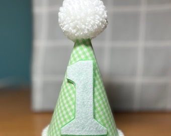 First Birthday Party Hat | Green Gingham Number 1 Hat | Cake Smash Hat | Baby Boy 1st Birthday | Handmade Party Hat