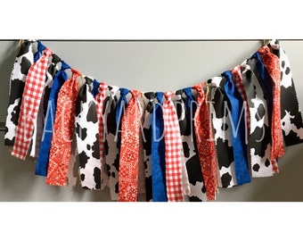 Cow fabric garland- Birthday banner- Farm barnyard party decor- baby shower decor- photo prop back drop- Western party decor- first rodeo