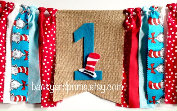1st Birthday Highchair banner Birthday banner rag banner Seuss inspired party decor garland photo prop cake smash Il_570xn