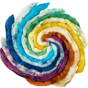 May include: A rainbow of colors in a spiral of roving wool. The colors are blue, green, yellow, orange, red, purple, and white.