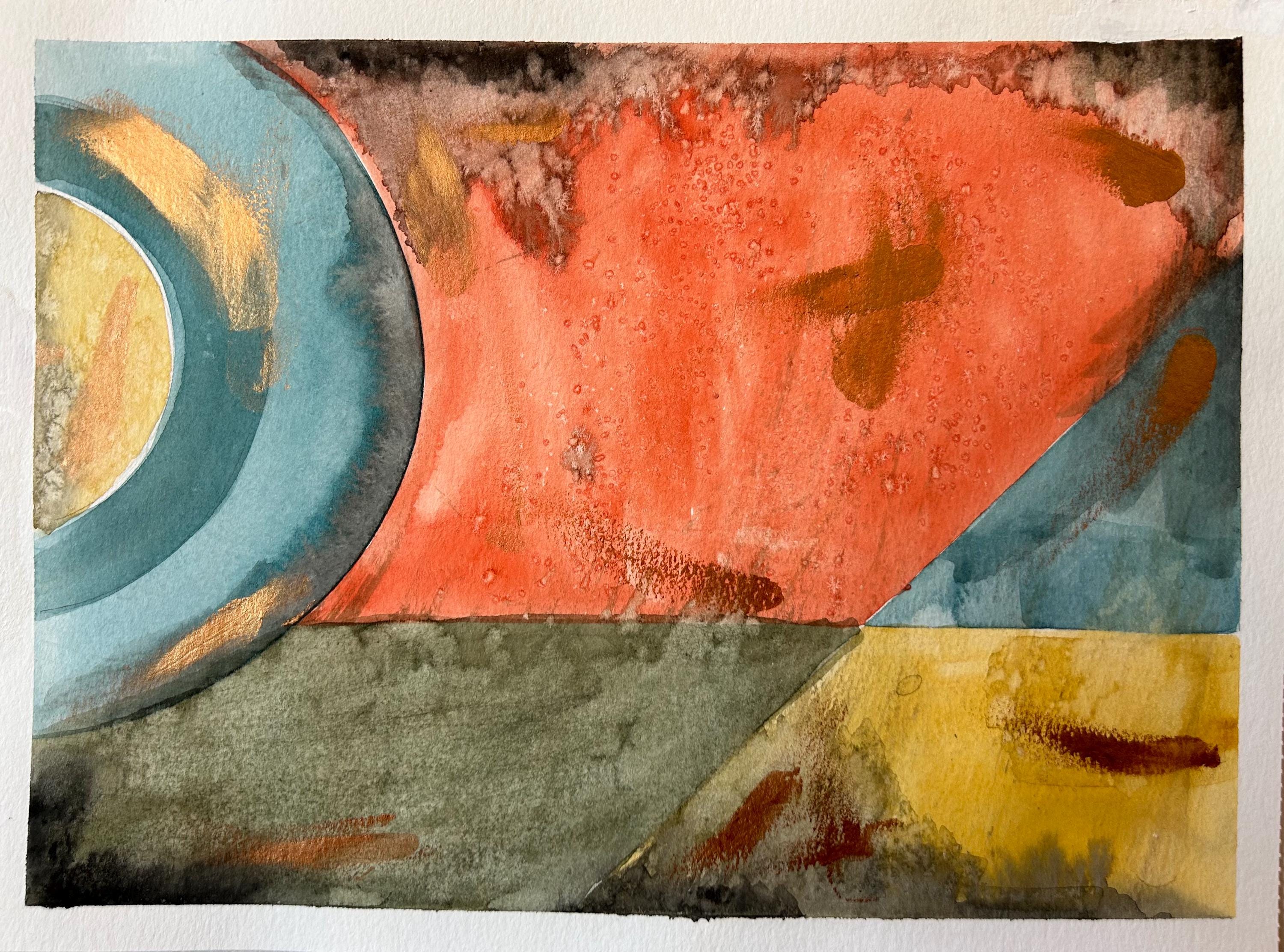 オリジナル抽象水彩画：珊瑚、赤、黄、青、8.5インチ×11インチ - Etsy 日本