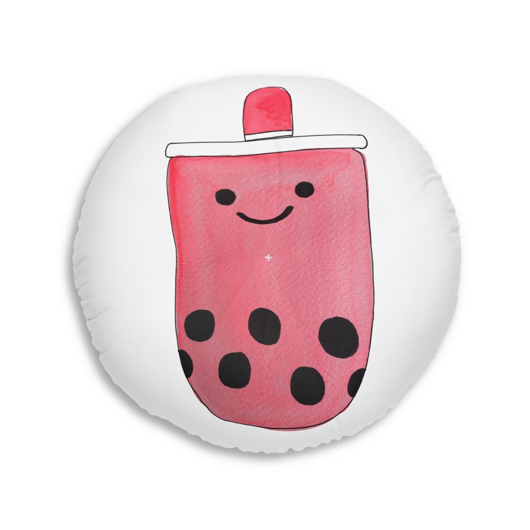 REVERSIBLE Watercolor Smiling Boba Tea Print Tufted Floor Pillow, Round ...