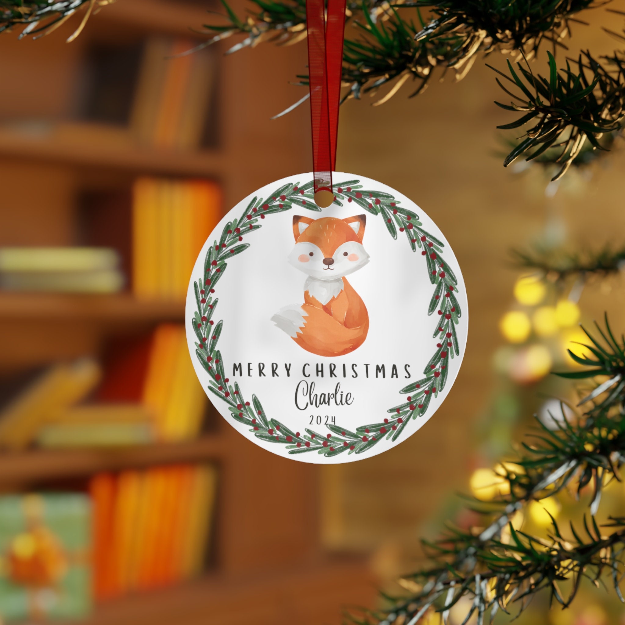 Custom Watercolor Fox Ornament: Personalized Christmas Wreath Gift