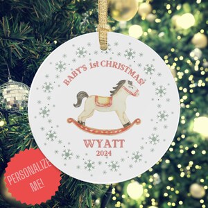 Personalized Baby&#39;s First Christmas Ornament: Watercolor Rocking Horse