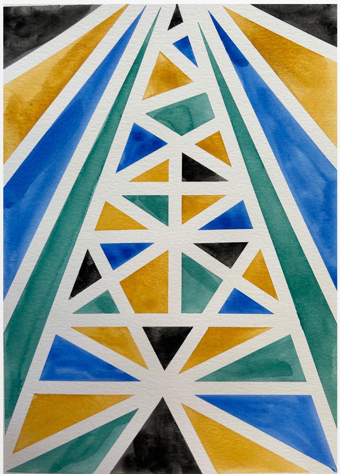 抽象水彩画：幾何学模様、黄青緑（8.5x11） - Etsy 日本