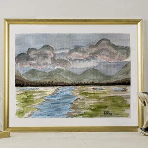 Original Watercolor Landscape Painting: Stormy Mountain Scene, Cottagecore Wall Art