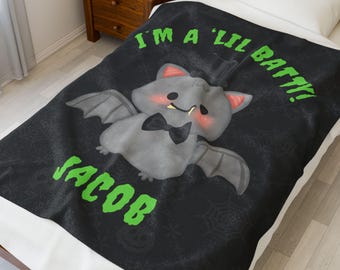 Coperta di Halloween personalizzata Sono un piccolo pipistrello spettrale e dolce con cappello a cilindro e papillon