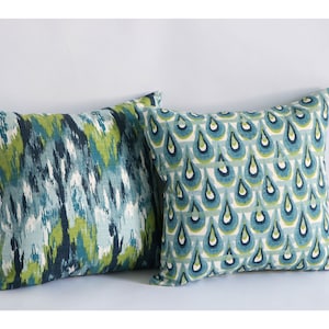 Ikat & Rain Drops Print; Chartreuse, Navy, Aqua, Teal Blue Green Accents on Thick Barkcloth Throw Pillow Covers, 10 Sizes