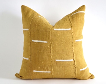 White Lines on Mustard Authentic African Mudcloth Throw Pillow Covers - 10 Sizes
