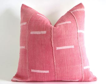 White Lines on Pink Authentic African Mudcloth Throw Pillow Covers, 10 Sizes