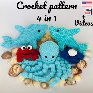 4-in-1 DIY Ocean Amigurumi Patterns Bundle - Amigurumi Ocean Animals - Octopus, Stingray, Dolphin, Crab Crochet Patterns