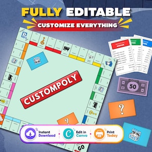 Plantilla de juego Custompoly, juego de mesa editable en Canva, juego familiar personalizado, juego de fiesta imprimible para hacer tú mismo, descarga instantánea.