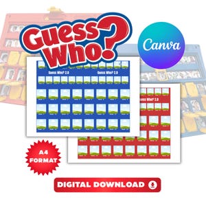 以下が含まれることがあります： Guess Who?ゲーム用のデジタルダウンロードセット。青と赤のグリッドが印刷されたA4シートが含まれています。各グリッドには、Guess Who? 2.0とラベル付けされた空のキャラクター枠が並んでおり、風景アイコン付きのカスタムゲームカード用に設計されています。
