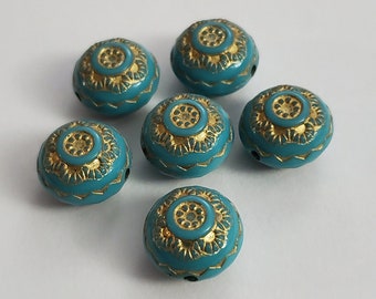 13x9.5mm Turquoise Gold enlaced etched coin round acrylic beads  16 pcs