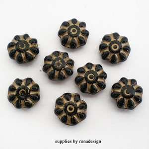 12pcs - 8mm Black and Gold flower czech glass beads
