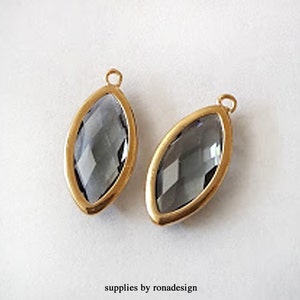 22x11mm Faceted Marquise Smokey Gray Black Gold plated Glass teardrop - 2pcs