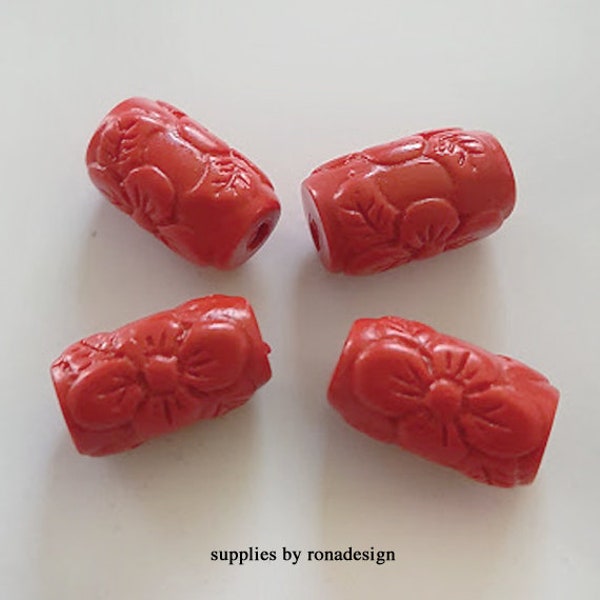 15x9mm Carved Red Flower Cinnabar tube bead 12 pcs