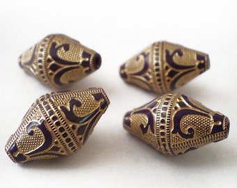 19x11mm Dark Purple Gold Etched bicone Acrylic beads - 6pcs