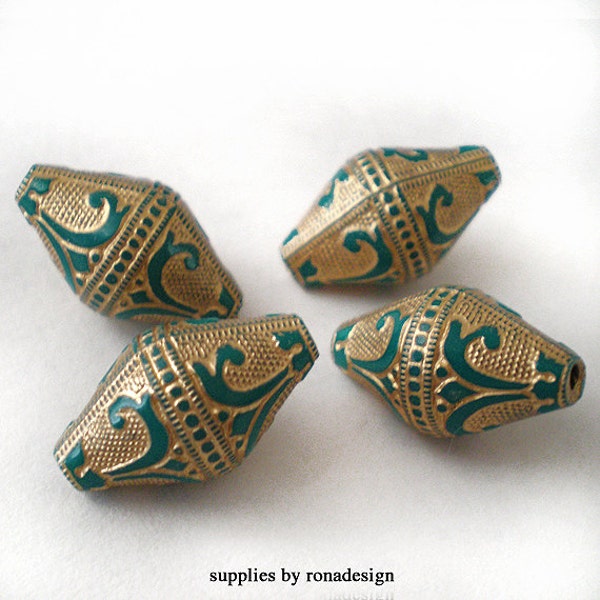 19x11mm Teal Green Gold Etched bicone Acrylic beads - 6pcs