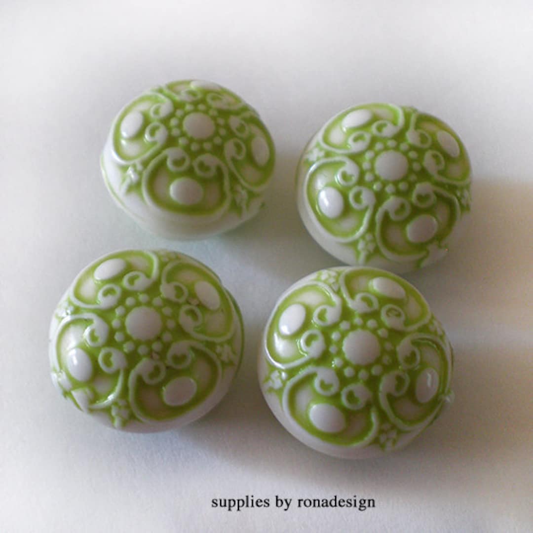 Ornate Lime Green White Etched Coin Acrylic Beads 6 Pcs - Etsy