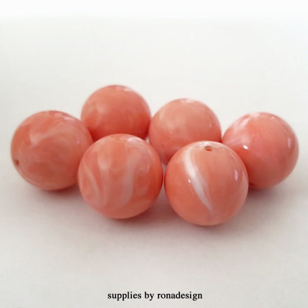14mm Light Salmon Pink White swirl round acrylic beads 6pcs