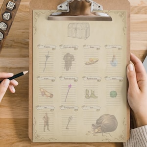 Inventaire des personnages des jeux de rôle D&D, sac de maintien imprimable, accessoire de campagne, dnd 5e, suivant, feuille de personnage, RPG pdf