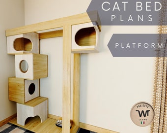 Cat tower modular Plans, modern lovely wood tree, unique comfortable kennel platform, funny wooden standing diy build, plywood bed project
