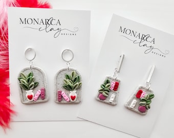 Bookshelf Plant Floral Flower Leaves Vase Valentines Day Earrings Love