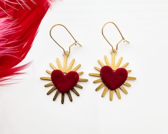 Sacred Heart Gold Red Dangle Earrings