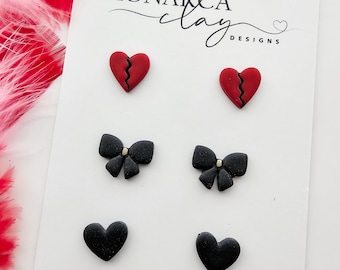 Stud Pack Anti Valentines Galantines Black Bow Heart Studs Earrings