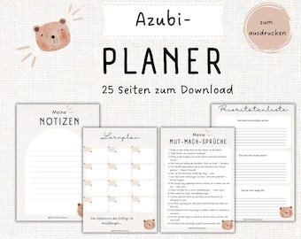 May include: Digital planner with the text "Azubi-PLANER" and "25 Seiten zum Download". The planner includes pages for notes, a study plan, motivational quotes, and a priority list. The design features a bear illustration.