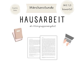 May include: A digital file for a story time activity called "Hausarbeit" which is a small group activity. The file is rated 1.0. The image also shows a notebook, two pages of text, and a laptop with a hand typing on it.