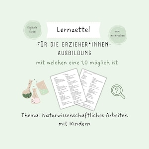 以下が含まれることがあります： 幼児教育者向けの「Lernzettel」というタイトルの印刷可能なワークシート。このワークシートは、「Naturwissenschaftliches Arbeiten mit Kindern」（子供のための科学教育）のコース用です。
