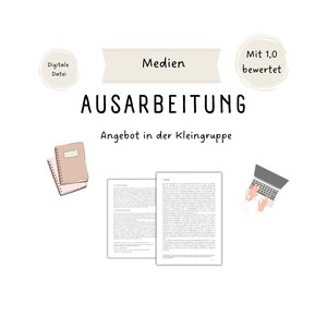Pode incluir: Uma tarefa de mídia digital com uma classificação de 1,0. A tarefa é intitulada "AUSARBEITUNG" e é descrita como "Angebot in der Kleingruppe". A imagem também inclui um laptop, dois cadernos e um ícone de arquivo digital.