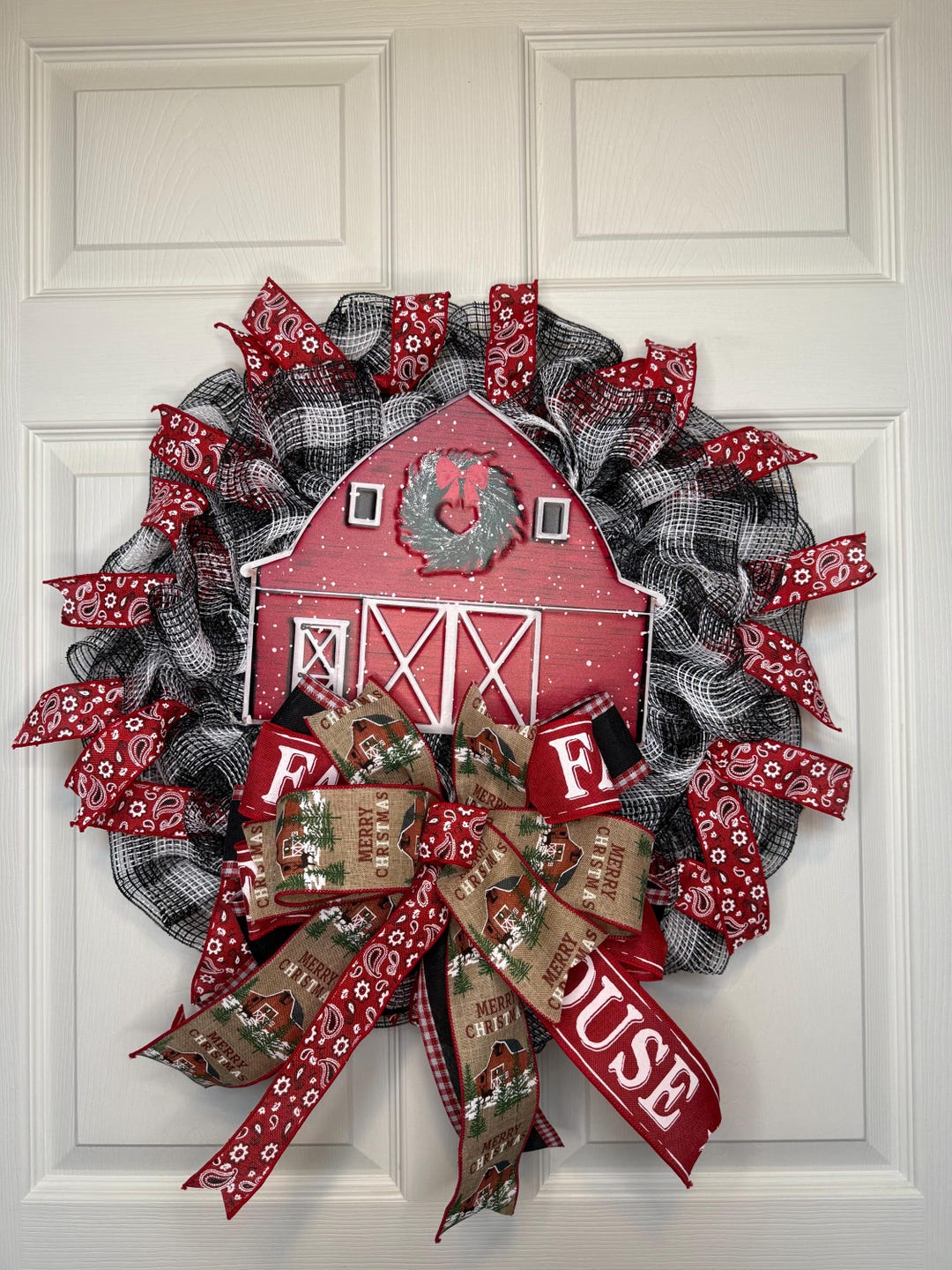 Barn Ribbon Farmhouse Christmas Wreath – Red Barn Holiday Door Decor With Rustic ...