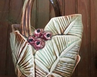 Collectible Vintage McCoy Pottery Vase  1940's Green and Brown Basket Vase