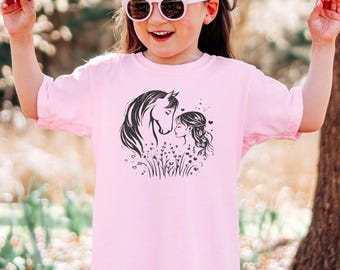 Camiseta infantil con caballo y niña, camiseta juvenil Comfort Colors, camiseta con estampado floral ecuestre, regalo para amantes de los caballos estilo country western
